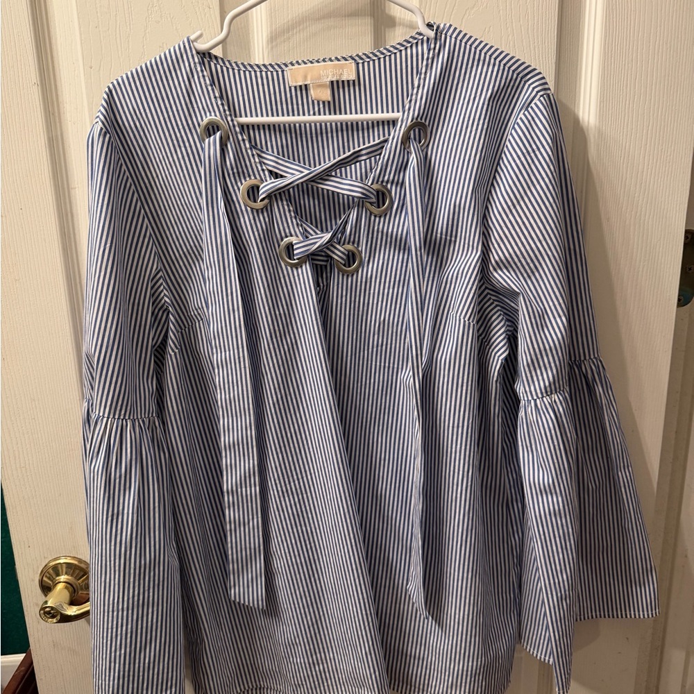 Michael Kors Blue and White Striped Lace-Up Bell Sleeve Tunic
